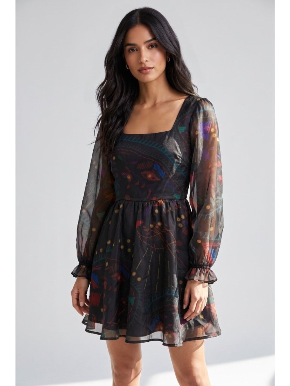 Hutch Black Print Mini Dress Size 2 Sheer Sleeve Artsy Statement Cocktail Party